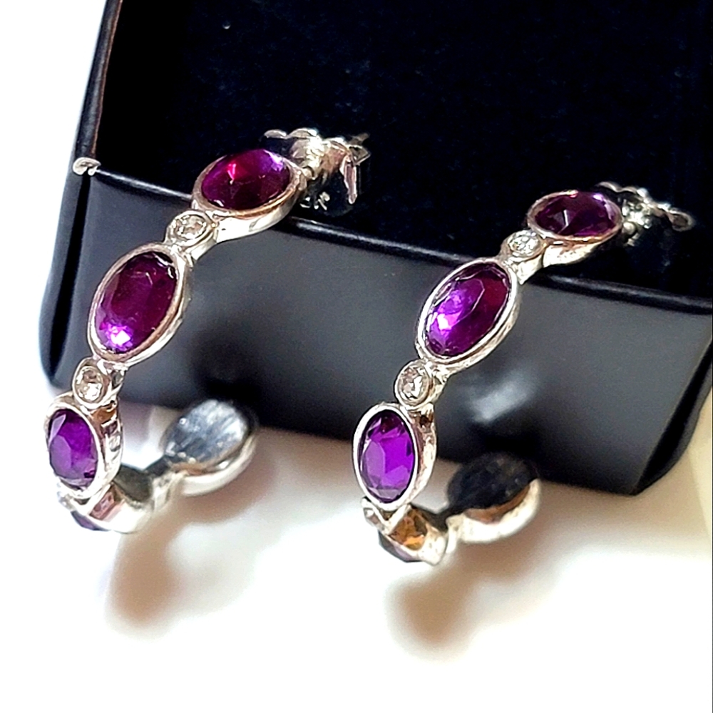 Avon Birthstone-Color Hoop Earrings February Amethyst Silver Tone Rhinestone - Picture 2 of 16